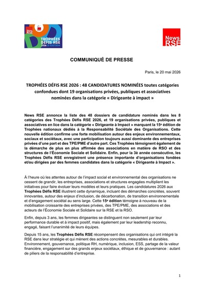 Vignette du communiqué de presse des nominés Trophées Défis RSE 2026