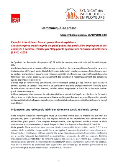 Couverture du communiqué de presse du S.P.E. sur l’enquête Ifop « L’emploi à domicile en France »